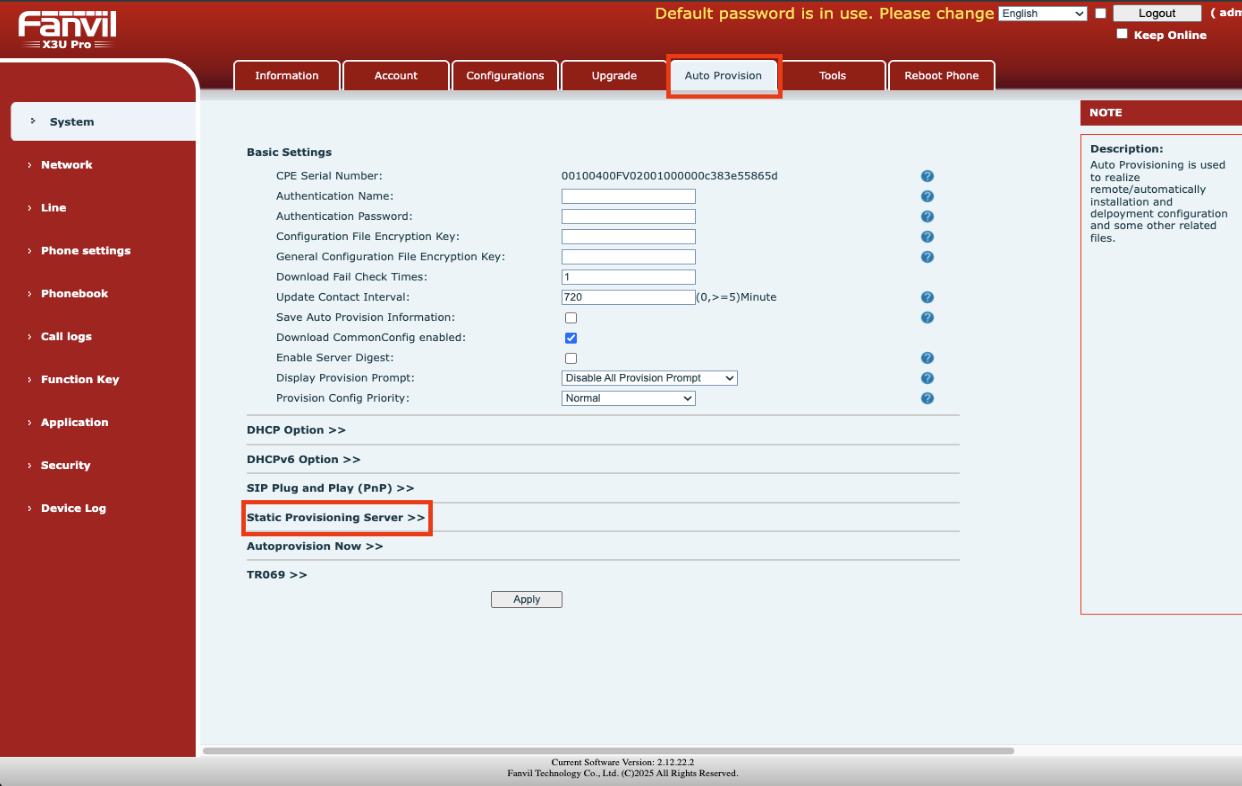 Auto-provision Fanvil IP Phone